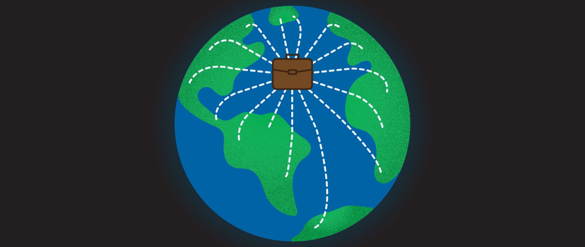 一个带着行李箱的地球仪在地球上展开的图形