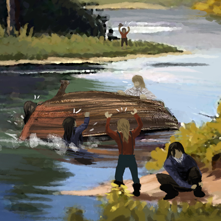 图形的人在河与向上的船