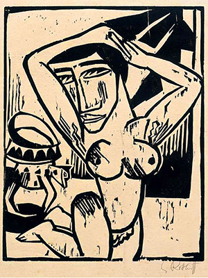 卡尔Schmidt-Rotluff的木刻印刷,“跪裸体”