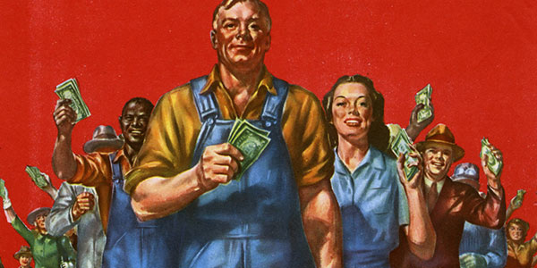 次世界大战海报颜色插图的工人持有美元钞票。