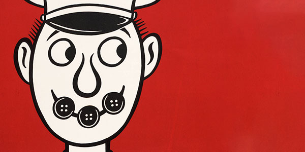 二战士兵的海报描绘说明按钮把他的嘴,在红色的背景下。