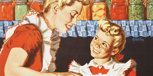 二战海报一幅彩色插图的金发母女在匹配的红色礼服和白色围裙罐头食品。