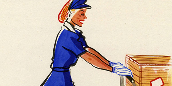 二战彩色海报珍妮工作推着购物车有三盒