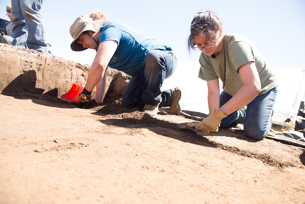伊利诺伊州立大学人类学学生布莱恩·基林和莫莉·麦克马纳斯在诺布尔-维廷遗址的厚厚的土壤中挖掘。
