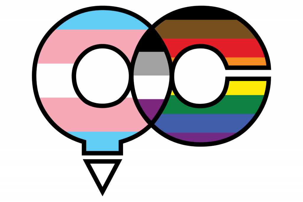 Q和C作为酷儿联盟的标志。字母“The”是跨性别骄傲旗的颜色，字母“C”是彩虹骄傲旗的颜色。无性恋骄傲旗包含在字母的交叉处。