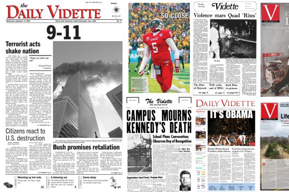 Daily Vidette的头版拼贴，包括9·11袭击、约翰·f·肯尼迪之死、巴拉克·奥巴马当选。