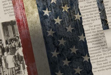 伊利诺伊州校友杂志封面2017年春季与美国国旗和报纸报道的旗杆事件的图像