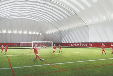 新室内训练设施的效果图，足球运动员在球场上