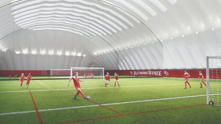 新室内训练设施的效果图，球场上有足球运动员