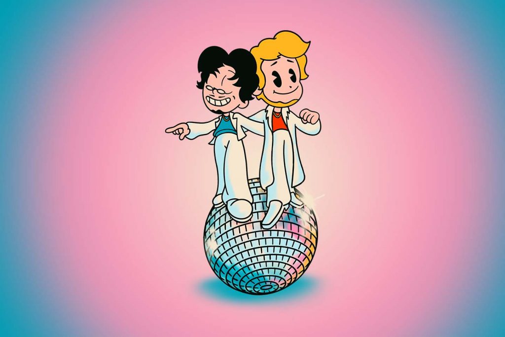 两个动画人物站在一个迪斯科球上