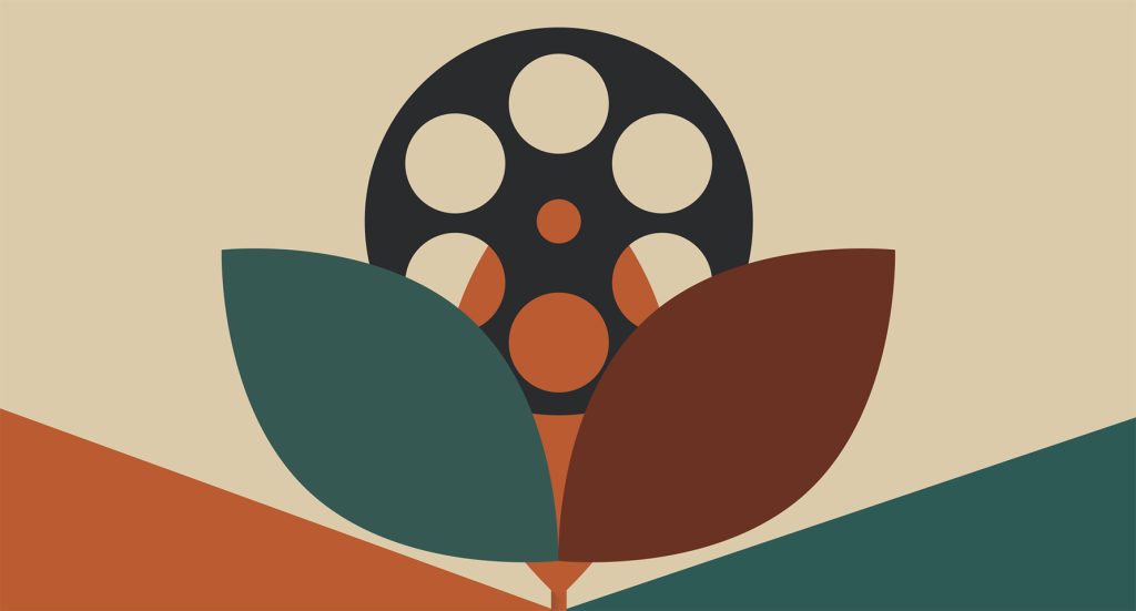 绿色屏幕标志与电影卷轴描绘成一朵花与花瓣