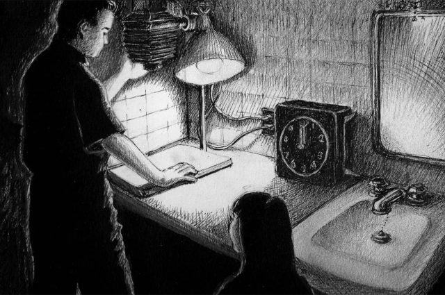 《暗房:黑白回忆录》中的一个场景，一个男人和一个女孩在看冲洗的照片