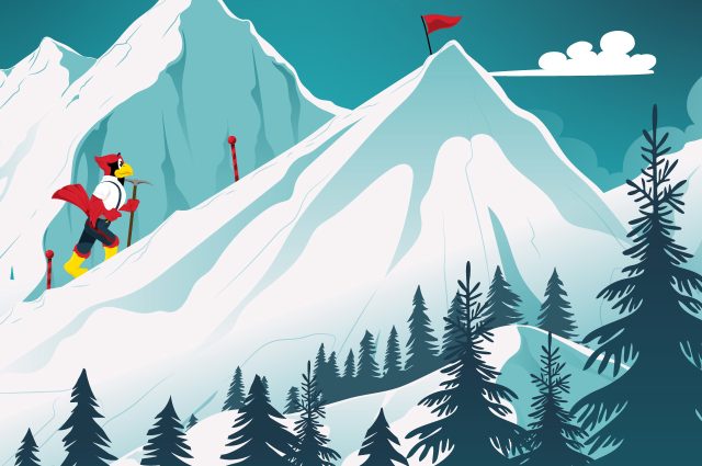 卡通雷吉·红鸟爬上一座山顶上有一面红旗的插图山。