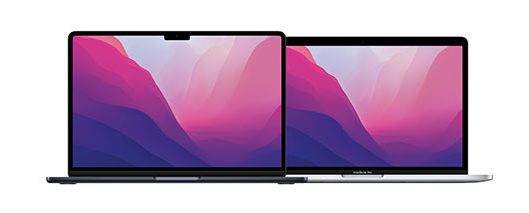 两款苹果MacBook笔记本电脑的屏幕上显示着粉紫色的波浪